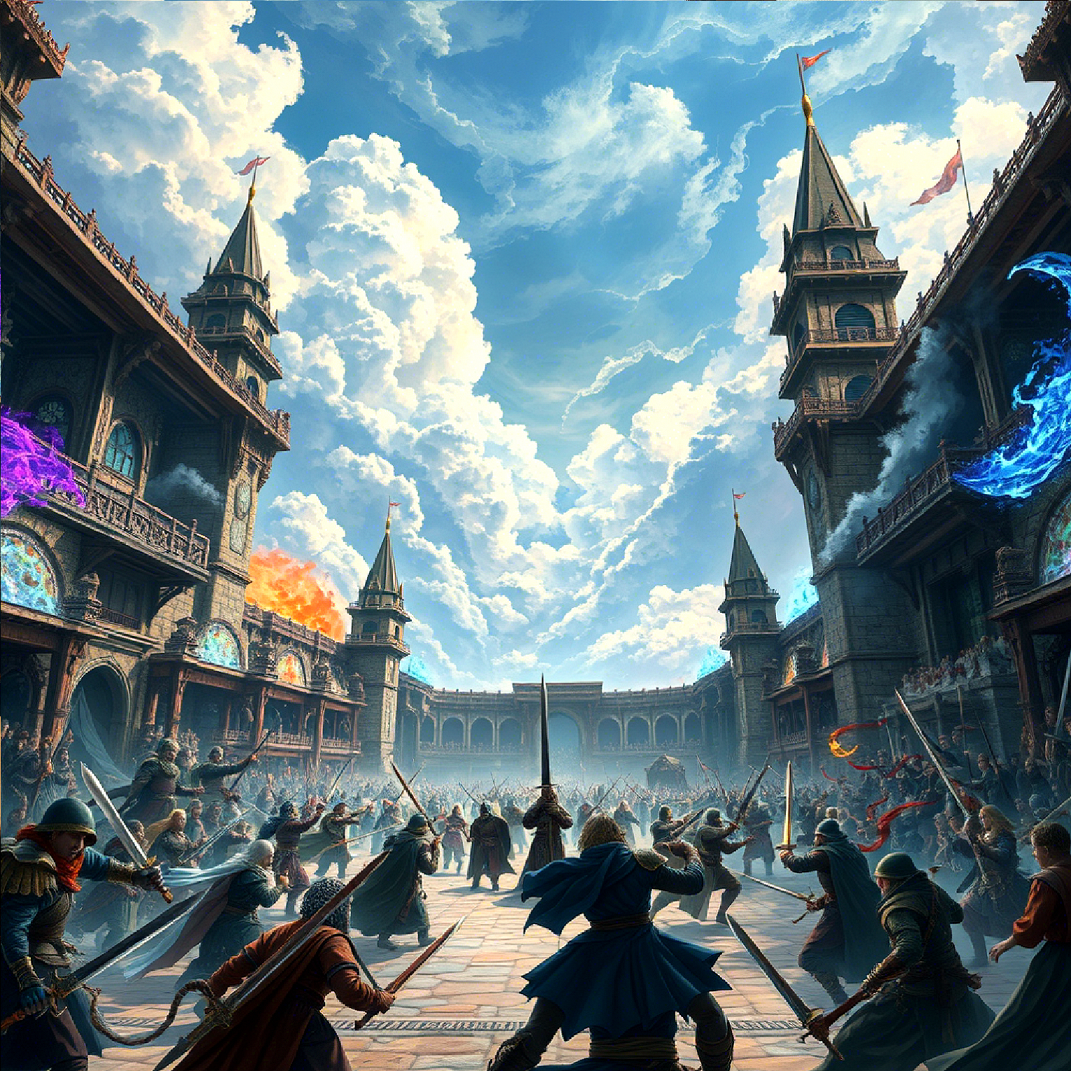 Screenshot of Legends of the Arena showing a diverse cast of characters in a fantasy battle arena