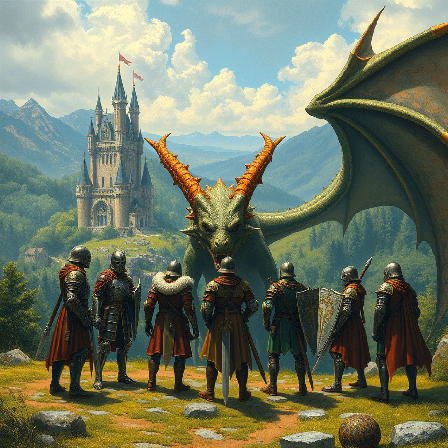 A diverse group of fantasy characters representing different MMORPG classes and races, standing in an epic landscape with castles and dragons in the background