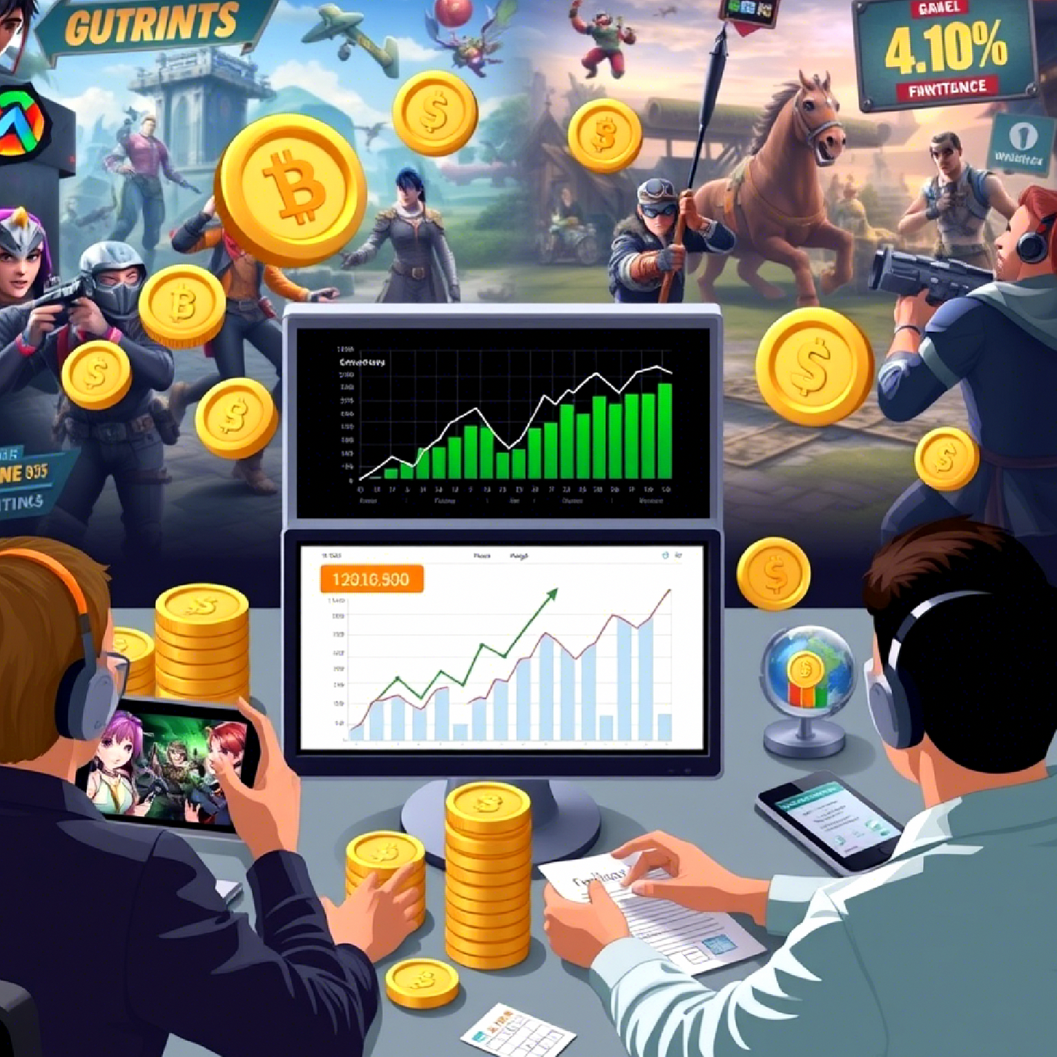 A person sitting at a computer, playing an online game with various currency symbols floating around the screen, representing the potential for real money earnings in online gaming