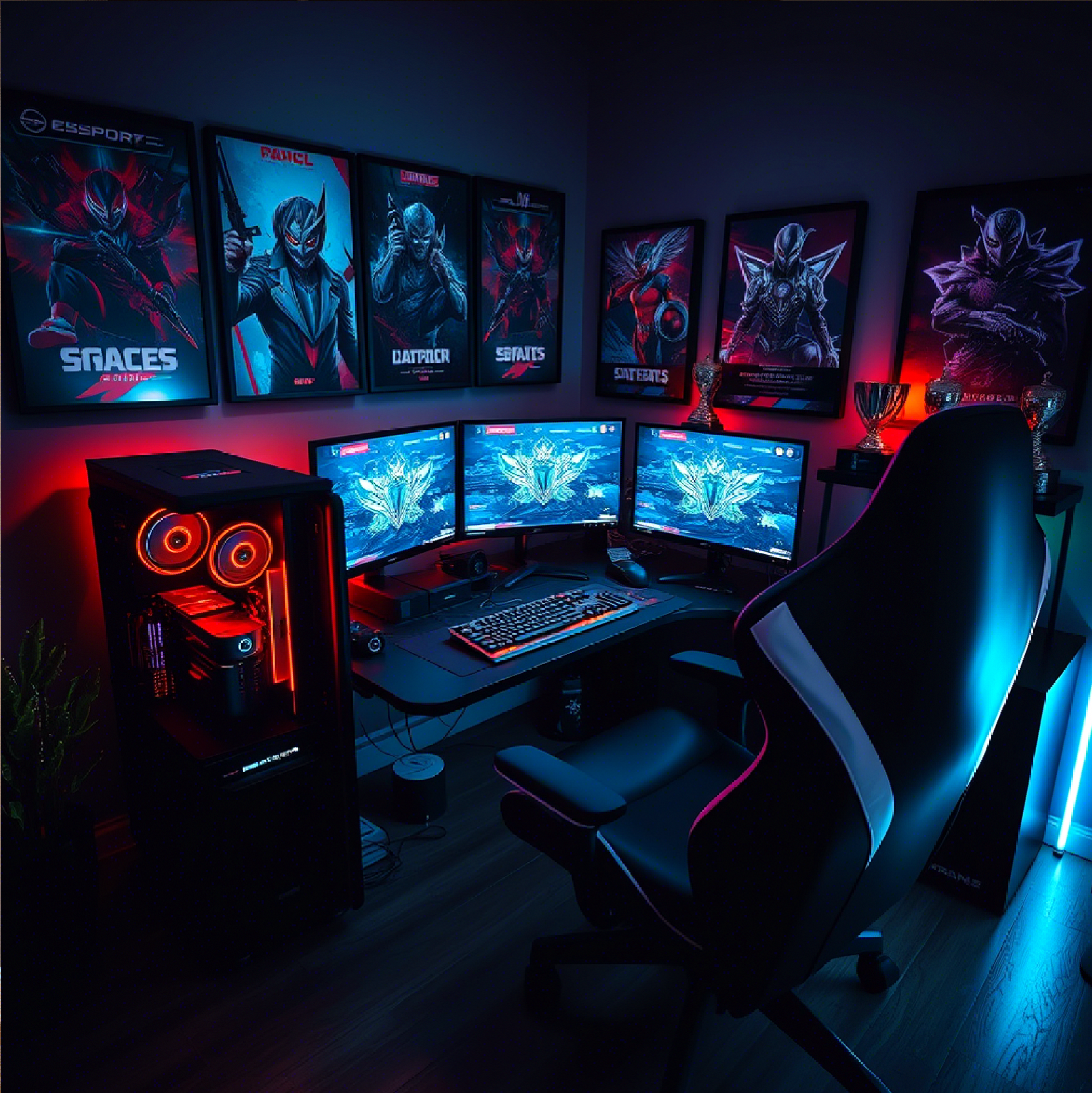 A competitive gaming setup with multiple monitors, gaming peripherals, and esports team logos